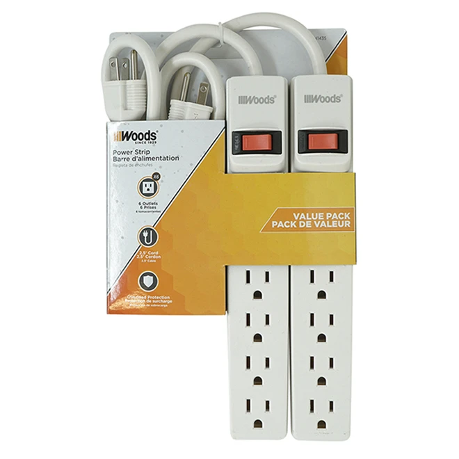 Woods 6-Outlet Power Bar With Surge Protection - 2 Pack - White - Image 2