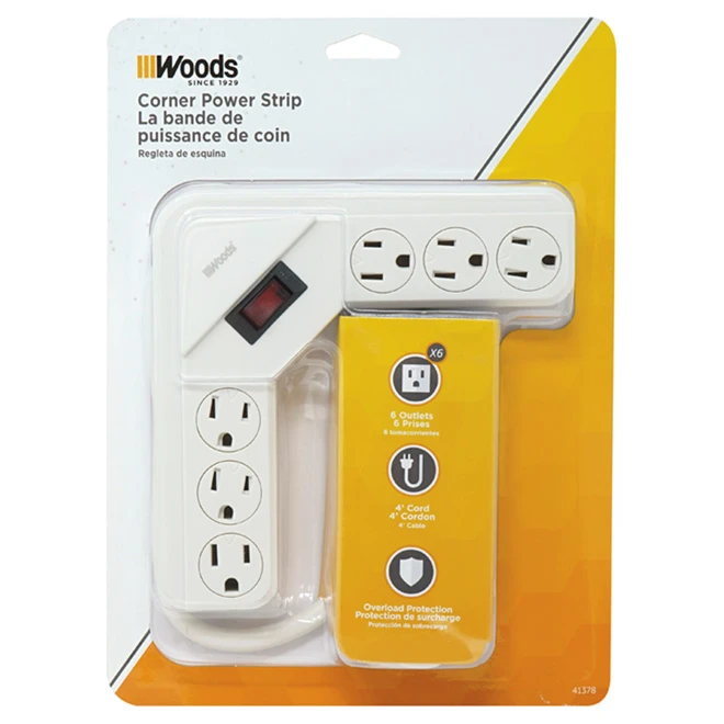 Woods Corner Power Strip - 6 Outlets - 120 V - 4' - White